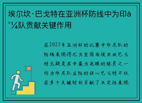 埃尔坎·巴戈特在亚洲杯防线中为印尼队贡献关键作用